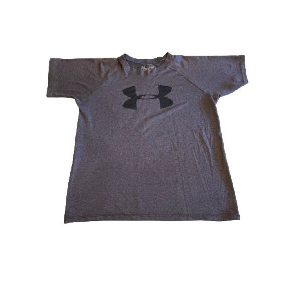 Under Armour HeatGear Gray T Shirt Youth Boys Large Loose Crew Black Logo